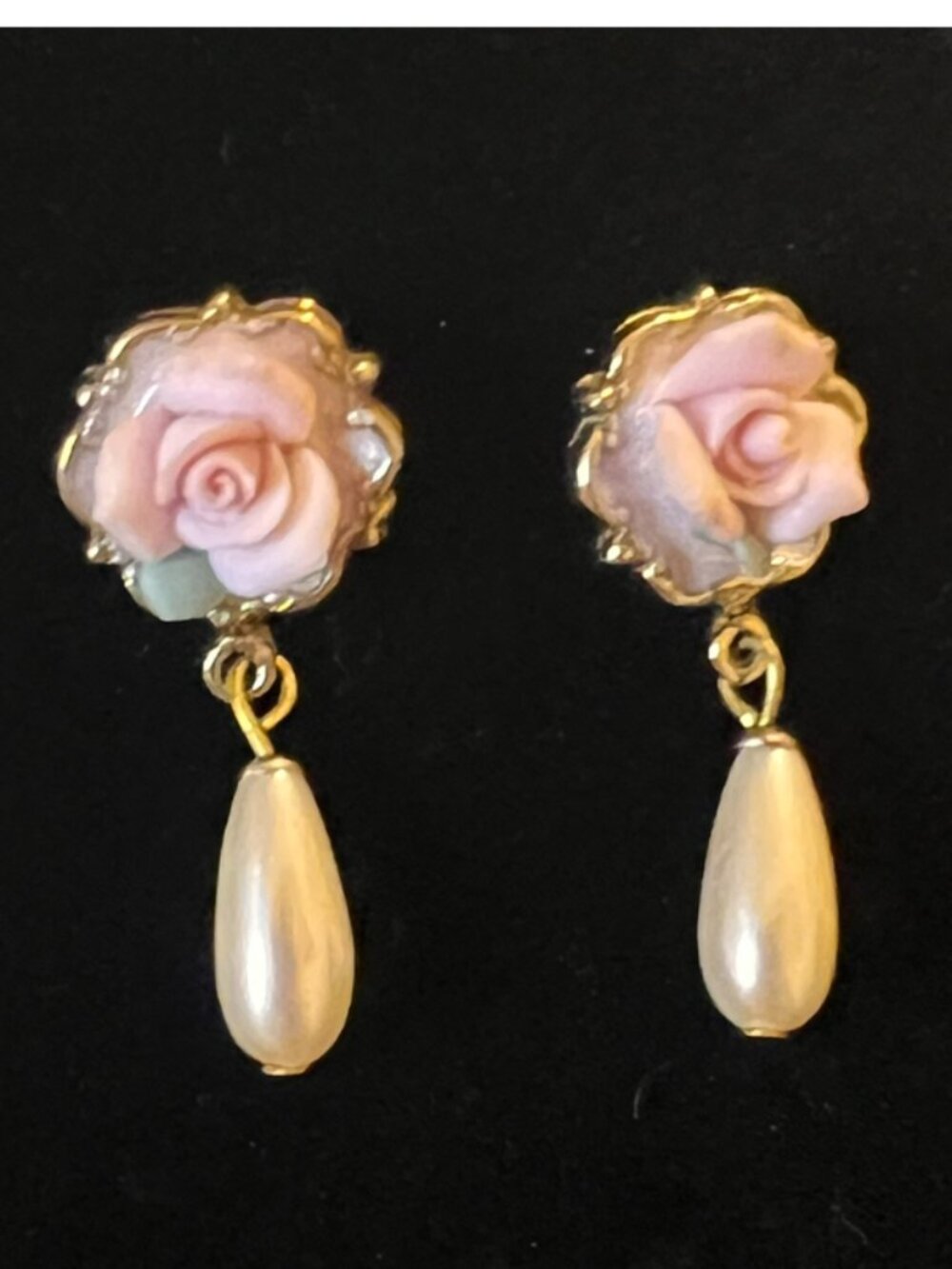 Vintage Porcelain Rose - Tear Drop Faux Pearl Earrings